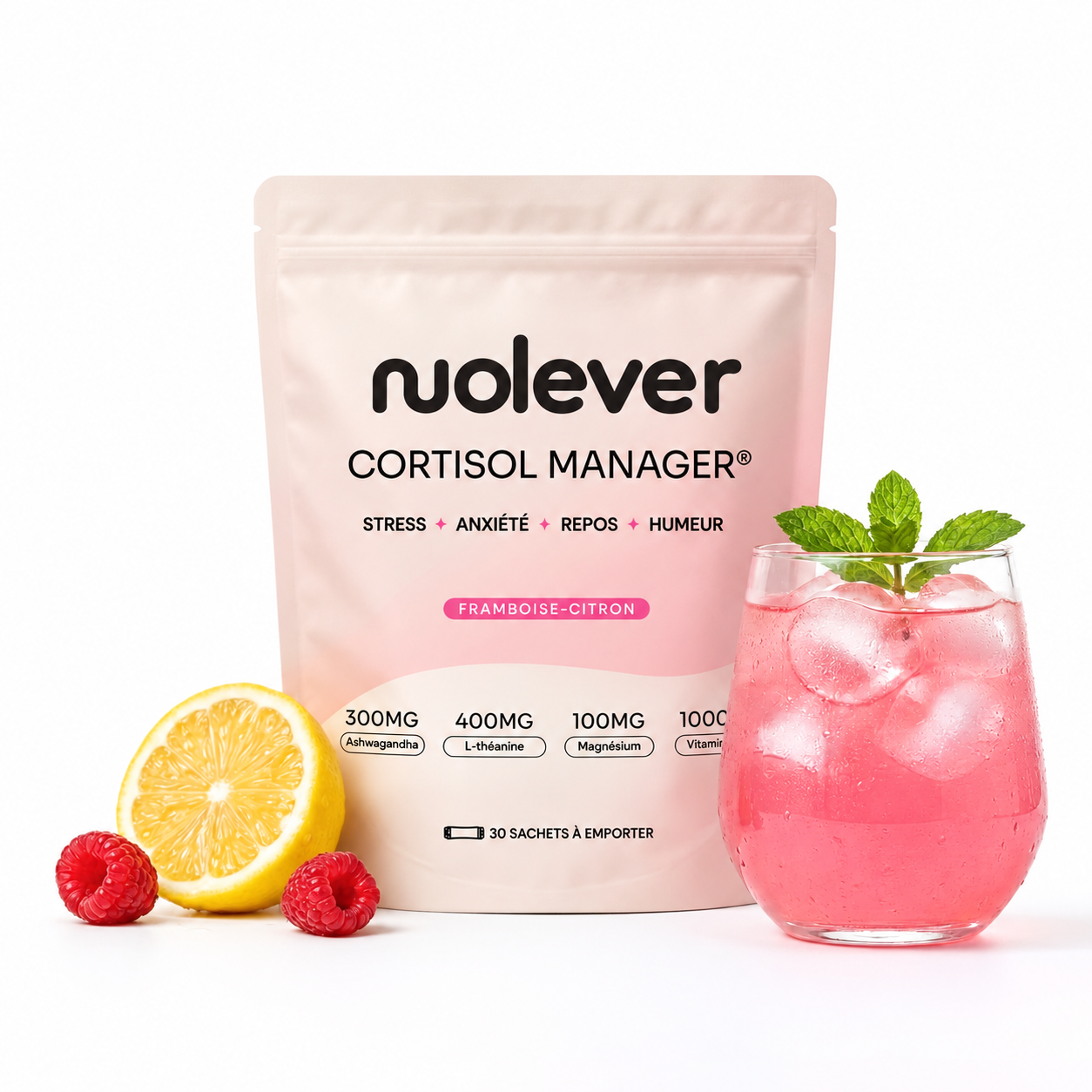 Nolever Cortisol Manager framboise-citron, paquet et verre de boisson rose