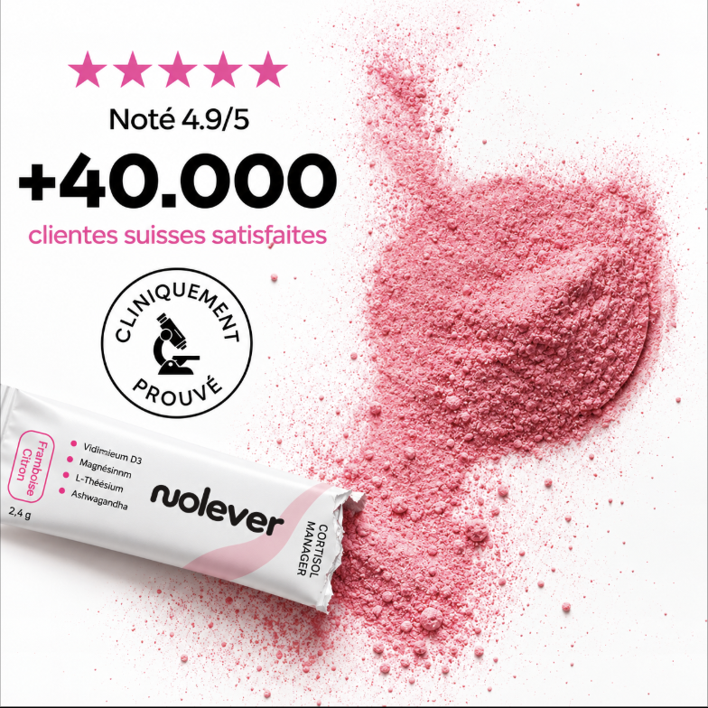 Sachet Nolever ouvert sur une poudre rose et présentation de la satisfaction annoncée