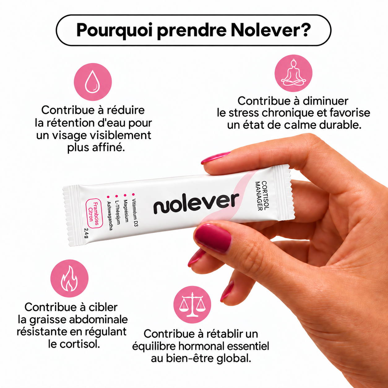 Présentation du sachet Nolever et de ses bénéfices dans le visuel fourni