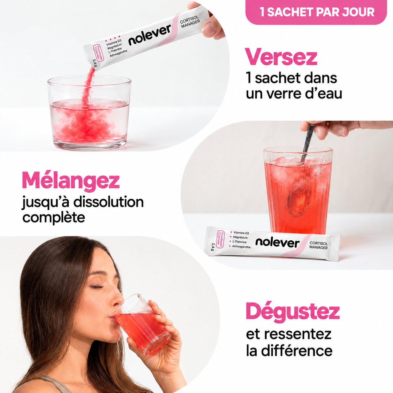 Mode d’emploi illustré : verser un sachet dans l’eau, mélanger et déguster