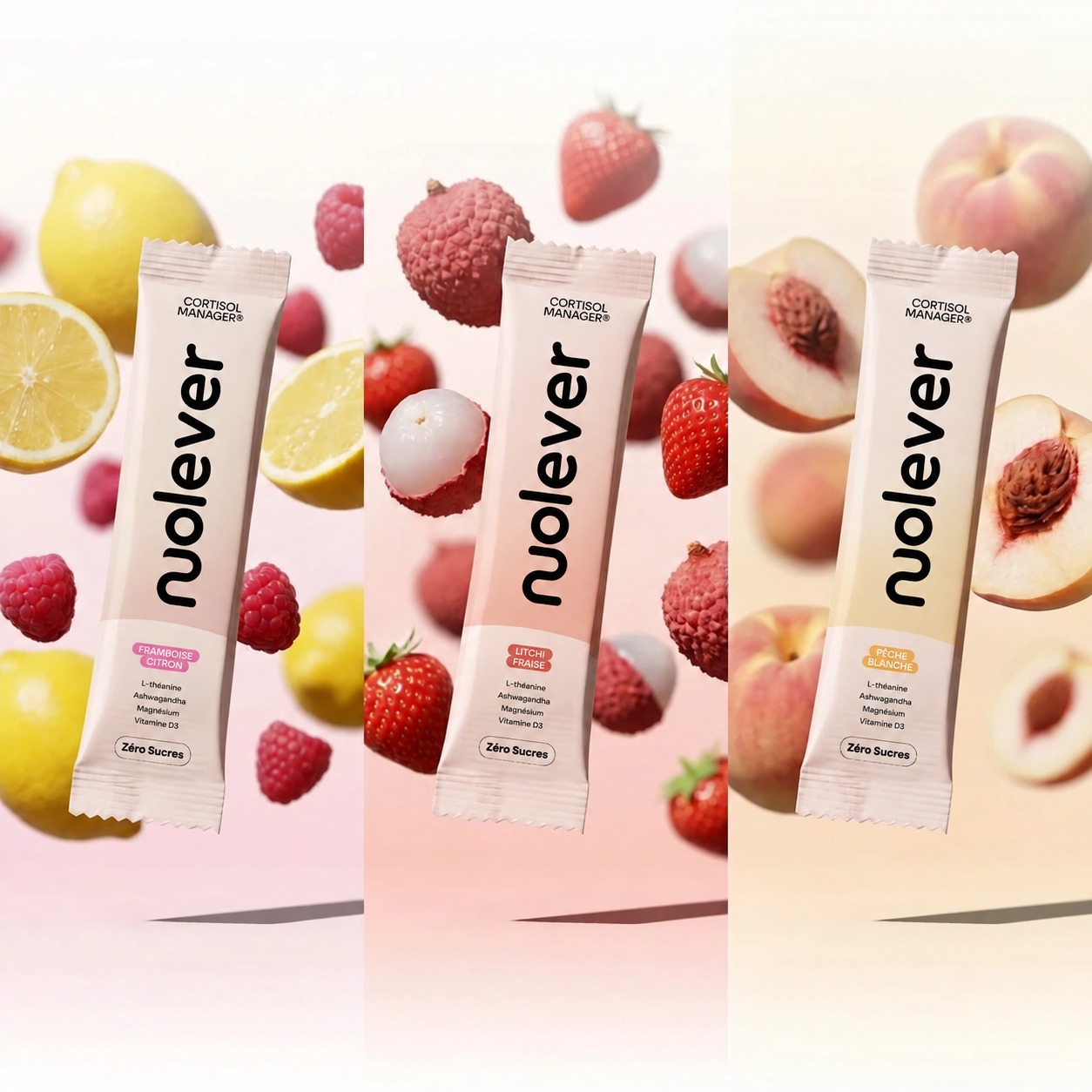 Trois sachets illustrés aux saveurs framboise-citron, litchi-fraise et pêche blanche