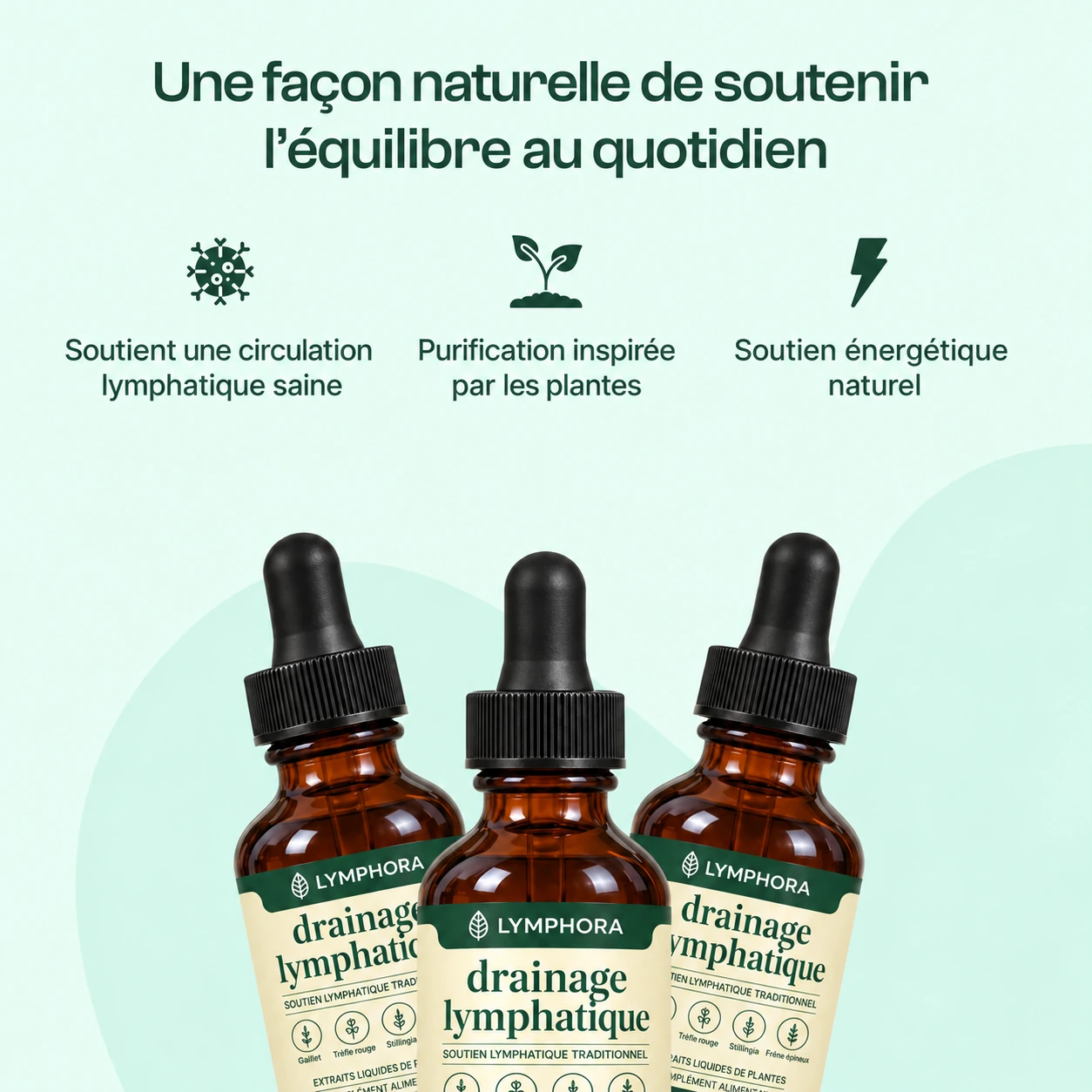 Présentation de trois flacons Lymphora