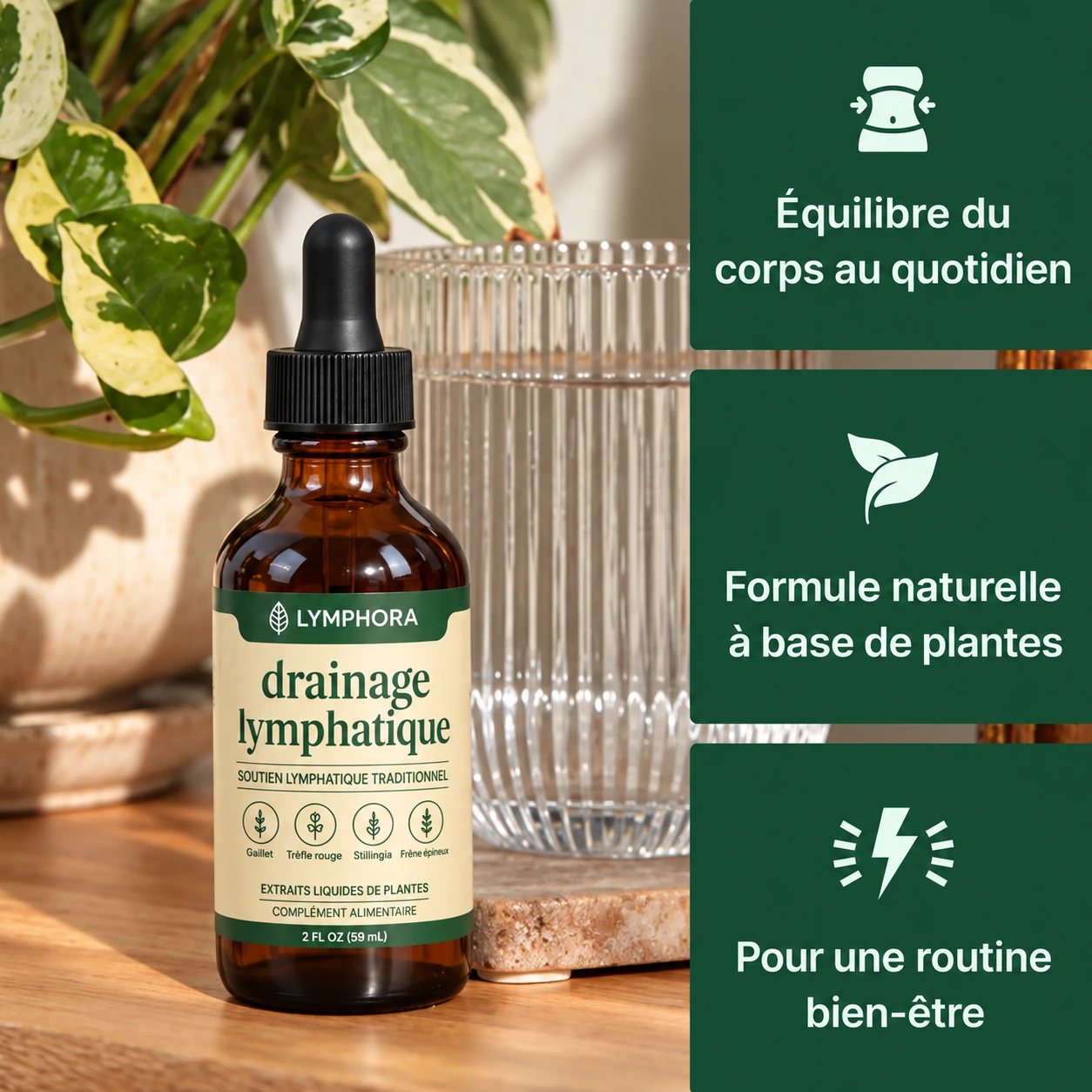 Lymphora, flacon de gouttes botaniques avec un verre d’eau et une plante