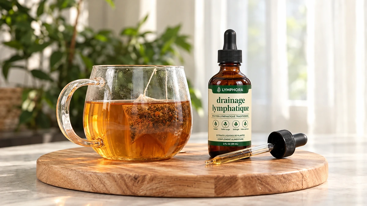 Flacon Lymphora près d’une tasse
