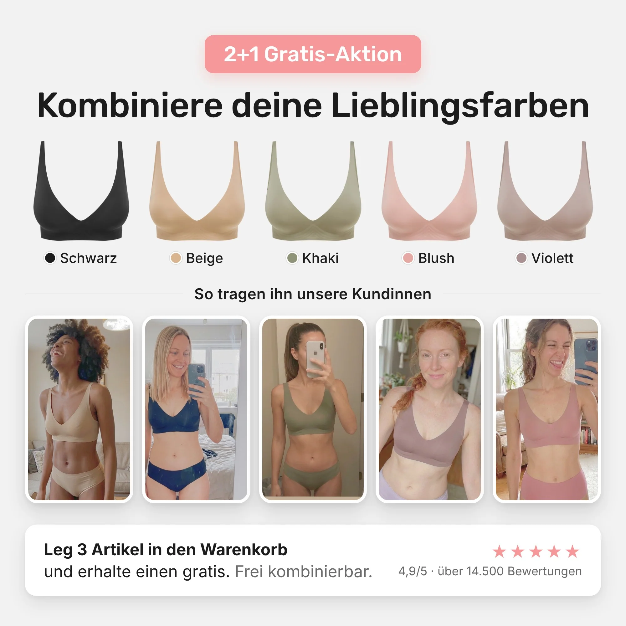 Komfort-BH in fünf Farben mit Kundinnenfotos und dem 2+1-Angebot.